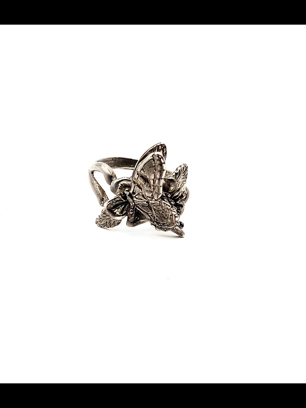 Handmade Sterling Silver Butterfly Floral Design Ring - Picture 4 of 7